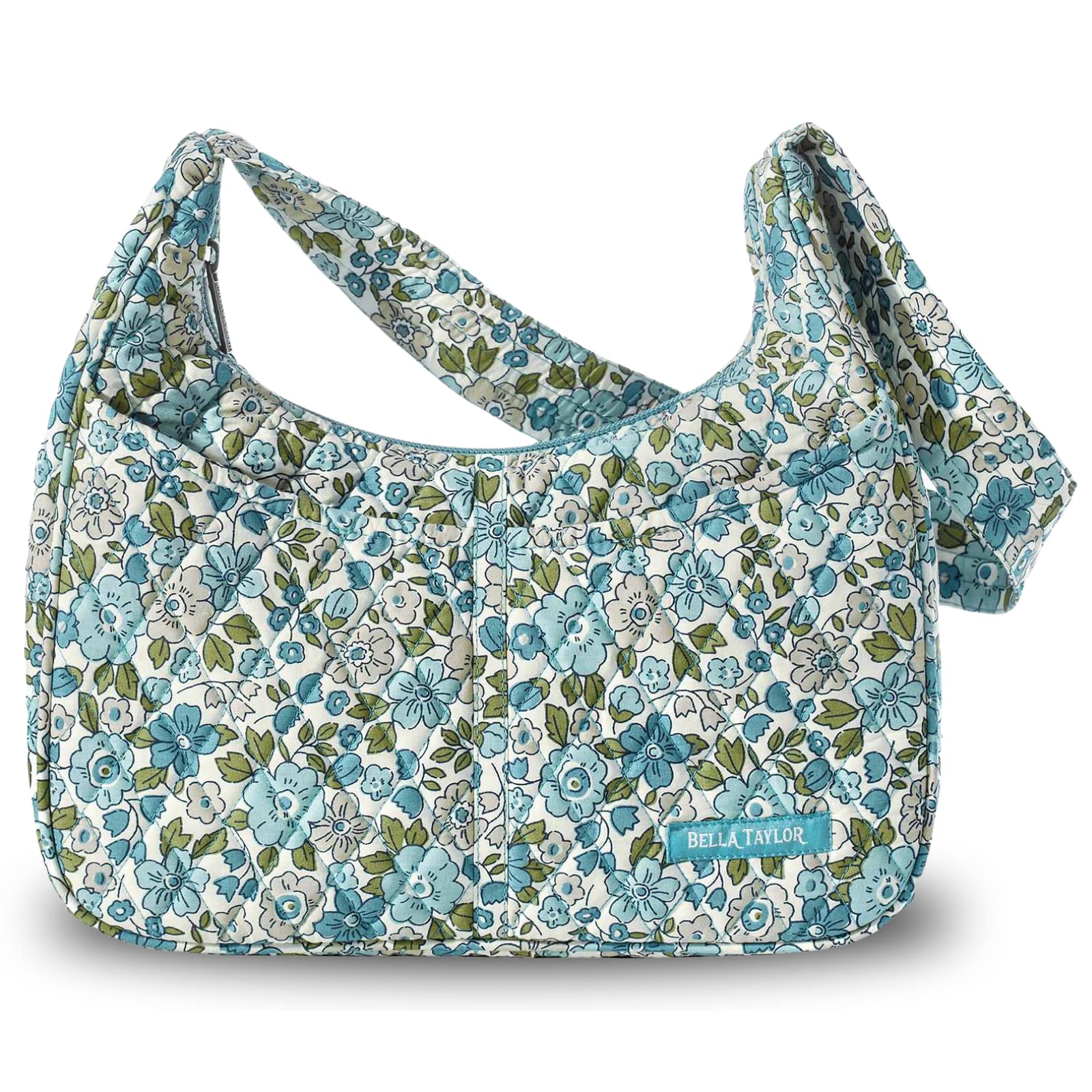 Bella Taylor Blakely Hobo Shoulder Bag for Women | Lightweight Multi Compartment Purse with Pockets | Quilted Cotton Delicate Floral Blue