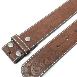 BC Belts Leather Belt Strap with White Stitching and Embossed Western Scrollwork 1.5" Wide with Snaps (Brown/White-L)