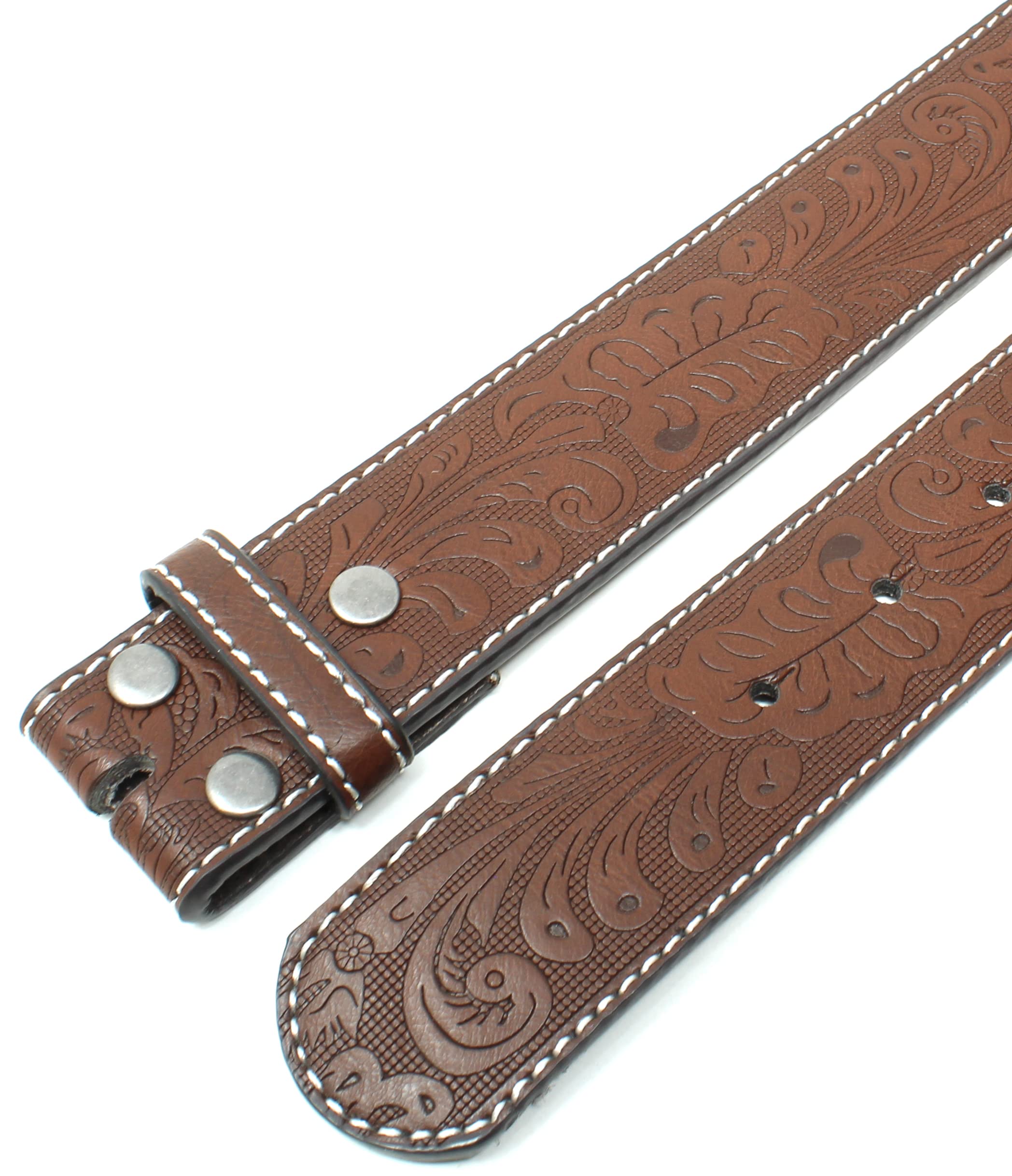 BC Belts Leather Belt Strap with White Stitching and Embossed Western Scrollwork 1.5" Wide with Snaps (Brown/White-L)