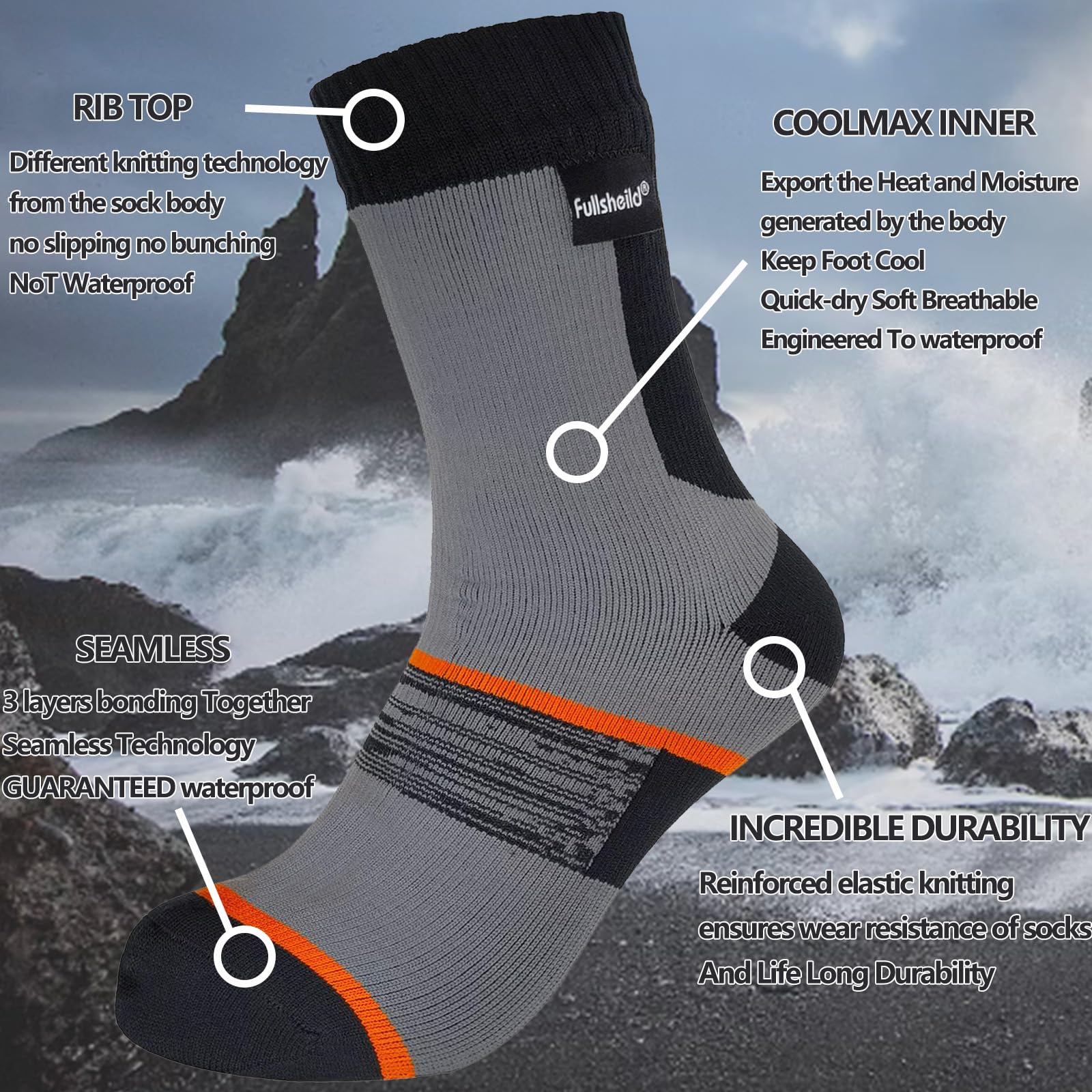 Fullsheild Waterproof Socks for Men, Unisex Outdoor Breathable Hiking Wading Cycling Running Skiing Mid-cuff Socks Grey L