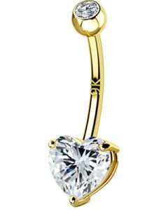 oufer 14g belly rings, 9k solid gold belly button rings, heart navel rings, internally threaded long belly piercing jewelry for women and men-12mm