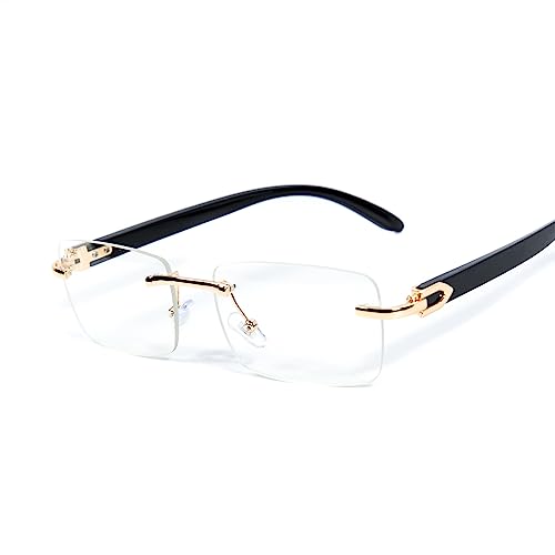 Vintage Small Clear Lens Rimless Retro Yellow Gold Plated Frame Hip Hop Rectangle Men Frameless 90’s Shades Black Arm Fashion Frameless Square Clear Tinted Glasses