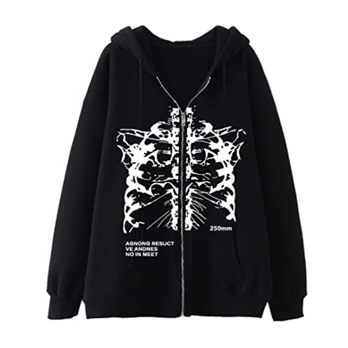 Women Men Y2K Goth Skeleton Zip Up Hoodie, Korean Alt Grunge Winter Fall Dark Academia Harajuku Punk Emo Hooded Jacket (BKW,S,Small)