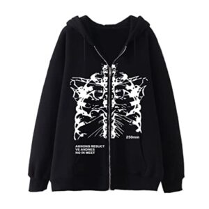 women men y2k goth skeleton zip up hoodie, korean alt grunge winter fall dark academia harajuku punk emo hooded jacket (bkw,s,small)