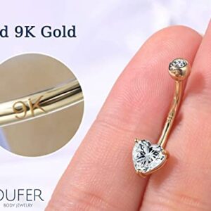 OUFER 14G Belly Rings, 9K Solid Gold Belly Button Rings, Heart Navel Rings, Internally Threaded Long Belly Piercing Jewelry for Women and Men-12MM