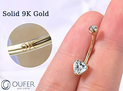 OUFER 14G Belly Rings, 9K Solid Gold Belly Button Rings, Heart Navel Rings, Internally Threaded Long Belly Piercing Jewelry for Women and Men-12MM