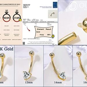 OUFER 14G Belly Rings, 9K Solid Gold Belly Button Rings, Heart Navel Rings, Internally Threaded Long Belly Piercing Jewelry for Women and Men-12MM