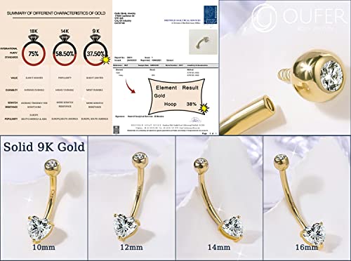 OUFER 14G Belly Rings, 9K Solid Gold Belly Button Rings, Heart Navel Rings, Internally Threaded Long Belly Piercing Jewelry for Women and Men-12MM