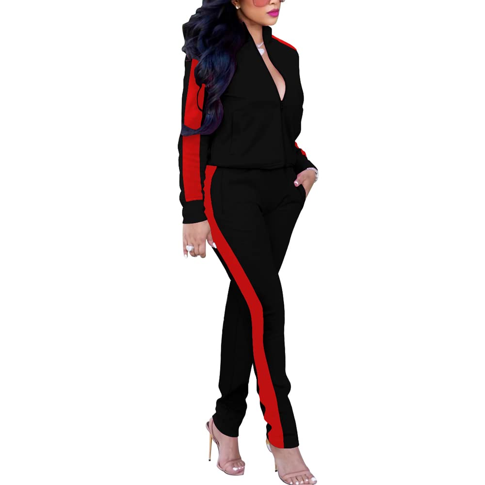 PINSV Womens Tracksuit Two Piece Outfits Long Sleeve Zip Up Jacket Jogger Casual Sweatsuit Matching Sets Track Suits Black Red XL