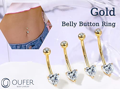 OUFER 14G Belly Rings, 9K Solid Gold Belly Button Rings, Heart Navel Rings, Internally Threaded Long Belly Piercing Jewelry for Women and Men-12MM