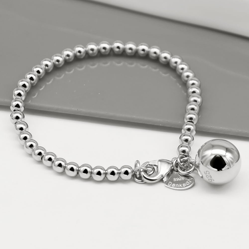 Meilanduo 925 Sterling Silver Women's 4MM/6MM Italian Bead Chain Bracelet with Ball/Heart Charm, Handmade Bead Italian Bracelet, Sizes 5.1" to 8.3" Inch for Women (Heart Charm, 4MM 7.5", Silver-Tone)