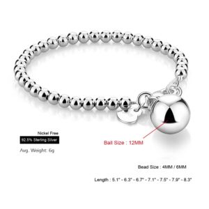 Meilanduo 925 Sterling Silver Women's 4MM/6MM Italian Bead Chain Bracelet with Ball/Heart Charm, Handmade Bead Italian Bracelet, Sizes 5.1" to 8.3" Inch for Women (Heart Charm, 4MM 7.5", Silver-Tone)