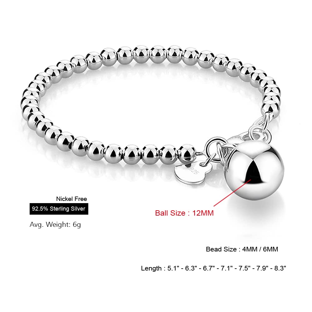 Meilanduo 925 Sterling Silver Women's 4MM/6MM Italian Bead Chain Bracelet with Ball/Heart Charm, Handmade Bead Italian Bracelet, Sizes 5.1" to 8.3" Inch for Women (Heart Charm, 4MM 7.5", Silver-Tone)