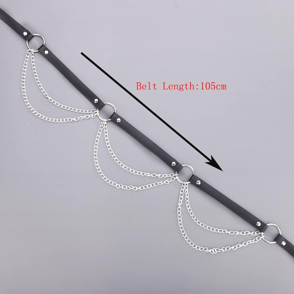 Wiwpar Punk Black Leather Body Waist Chain Silver Tassels Layered Belly Belt Nightclub Rave Party Body Jewelry Accessory for Women Girls（style2