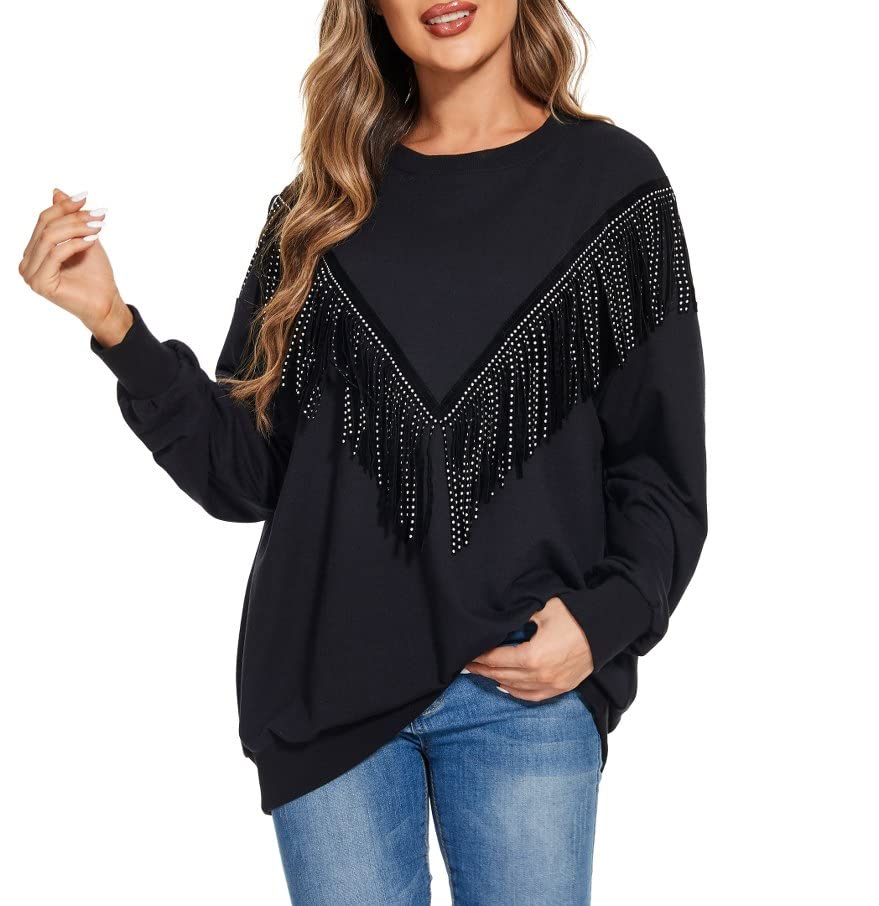 PESION Women's Novelty Oversized Sweatshirt Crewneck Long Sleeve Fringe Trim Shirt Pullover Tops Sweaters, Black, Small