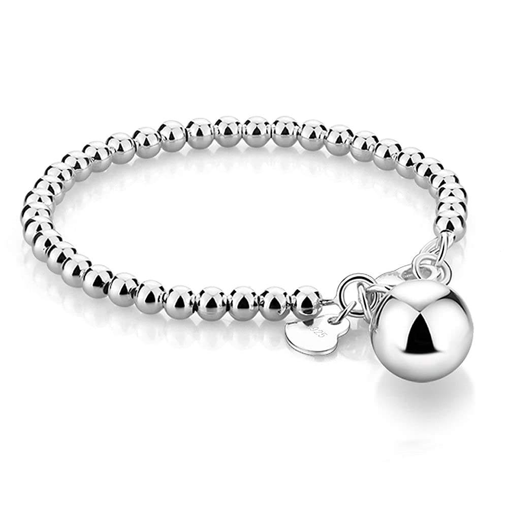 Meilanduo 925 Sterling Silver Women's 4MM/6MM Italian Bead Chain Bracelet with Ball/Heart Charm, Handmade Bead Italian Bracelet, Sizes 5.1" to 8.3" Inch for Women (Heart Charm, 4MM 7.5", Silver-Tone)