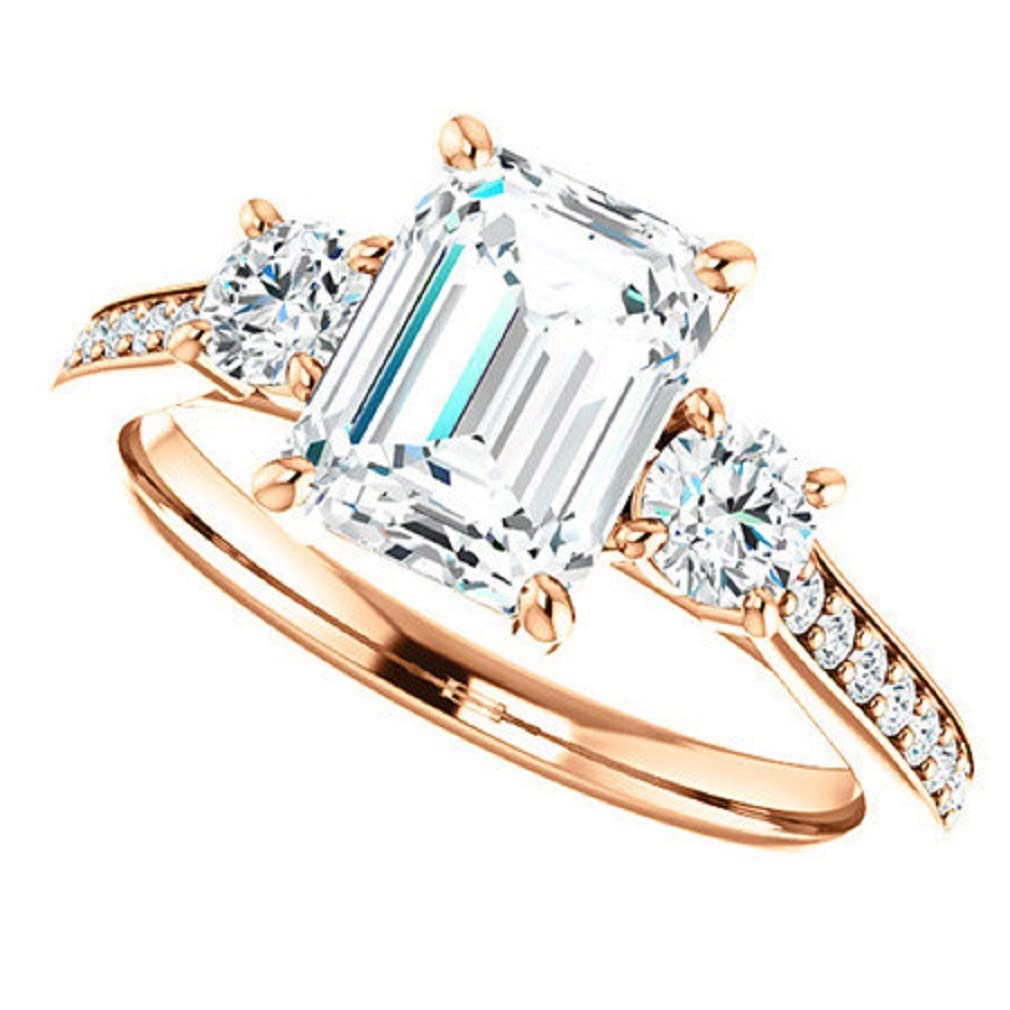 925 Silver, 10K/14K/18K Solid Gold Moissanite Ring, 3 CT Emerald Cut Handmade Solitaire Engagement Ring Wedding Ring for Women, Anniversary Propose Gifts Her, VVS1 Colorless (925 Silver (Rose Gold Plated))