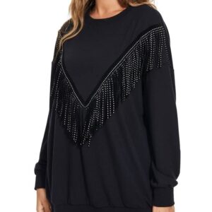 PESION Women's Novelty Oversized Sweatshirt Crewneck Long Sleeve Fringe Trim Shirt Pullover Tops Sweaters, Black, Small