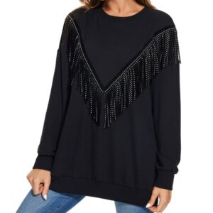 PESION Women's Novelty Oversized Sweatshirt Crewneck Long Sleeve Fringe Trim Shirt Pullover Tops Sweaters, Black, Small