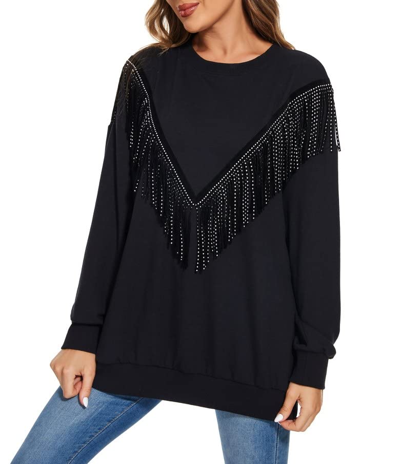 PESION Women's Novelty Oversized Sweatshirt Crewneck Long Sleeve Fringe Trim Shirt Pullover Tops Sweaters, Black, Small