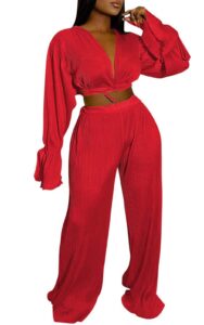 women boho 2 piece casual outfit long sleeve tie front cardigans wide leg pants tracksuit set red