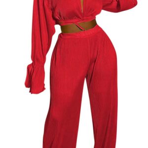 Women Boho 2 Piece Casual Outfit Long Sleeve Tie Front Cardigans Wide Leg Pants Tracksuit Set Red