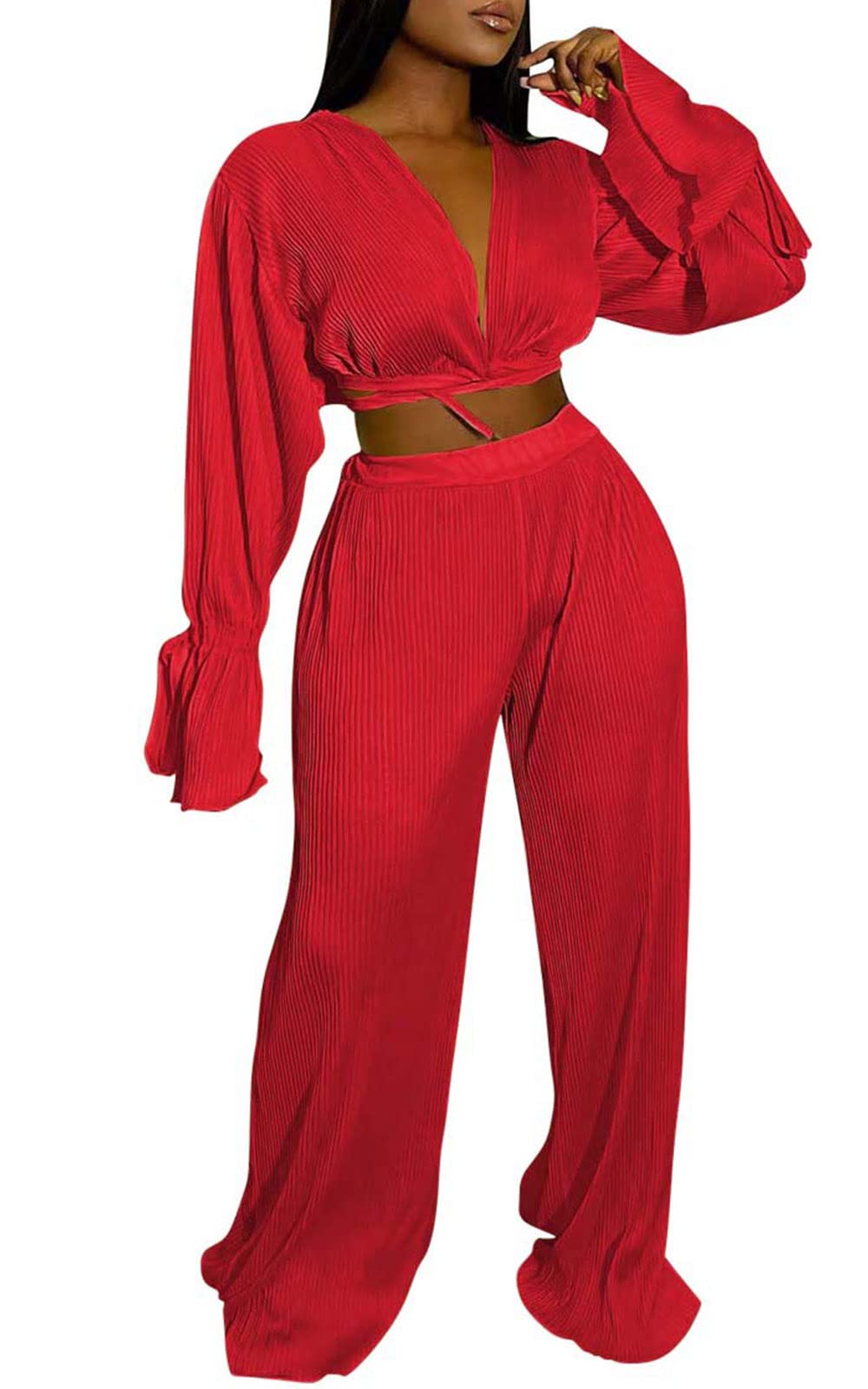 Women Boho 2 Piece Casual Outfit Long Sleeve Tie Front Cardigans Wide Leg Pants Tracksuit Set Red