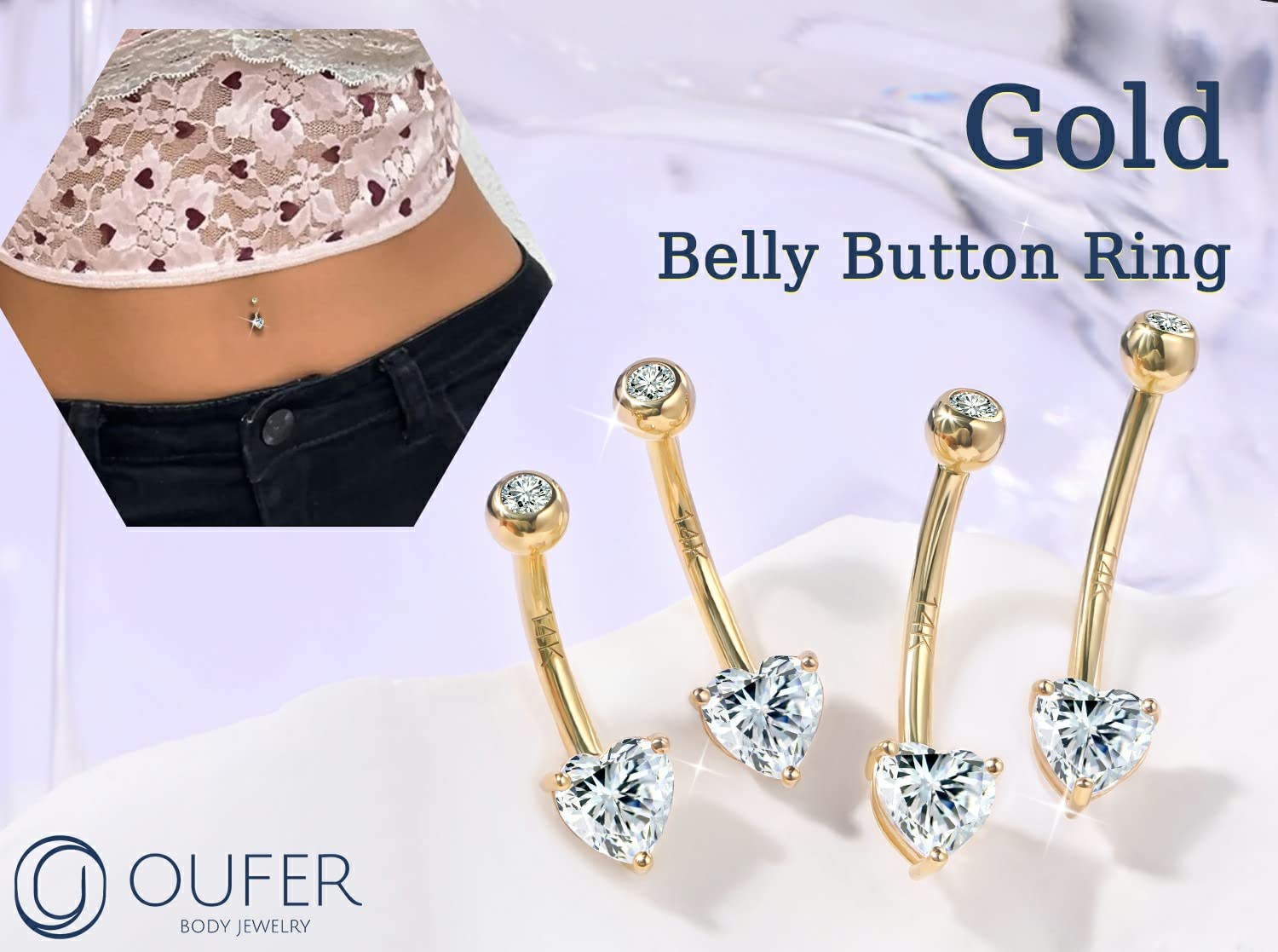 OUFER Gold Belly Button Rings, 14K Solid Gold Heart Shaped Belly Rings, Internally Threaded Belly Button Piercing, Clear CZ Belly Piercing Jewelry, Navel Rings-10MM