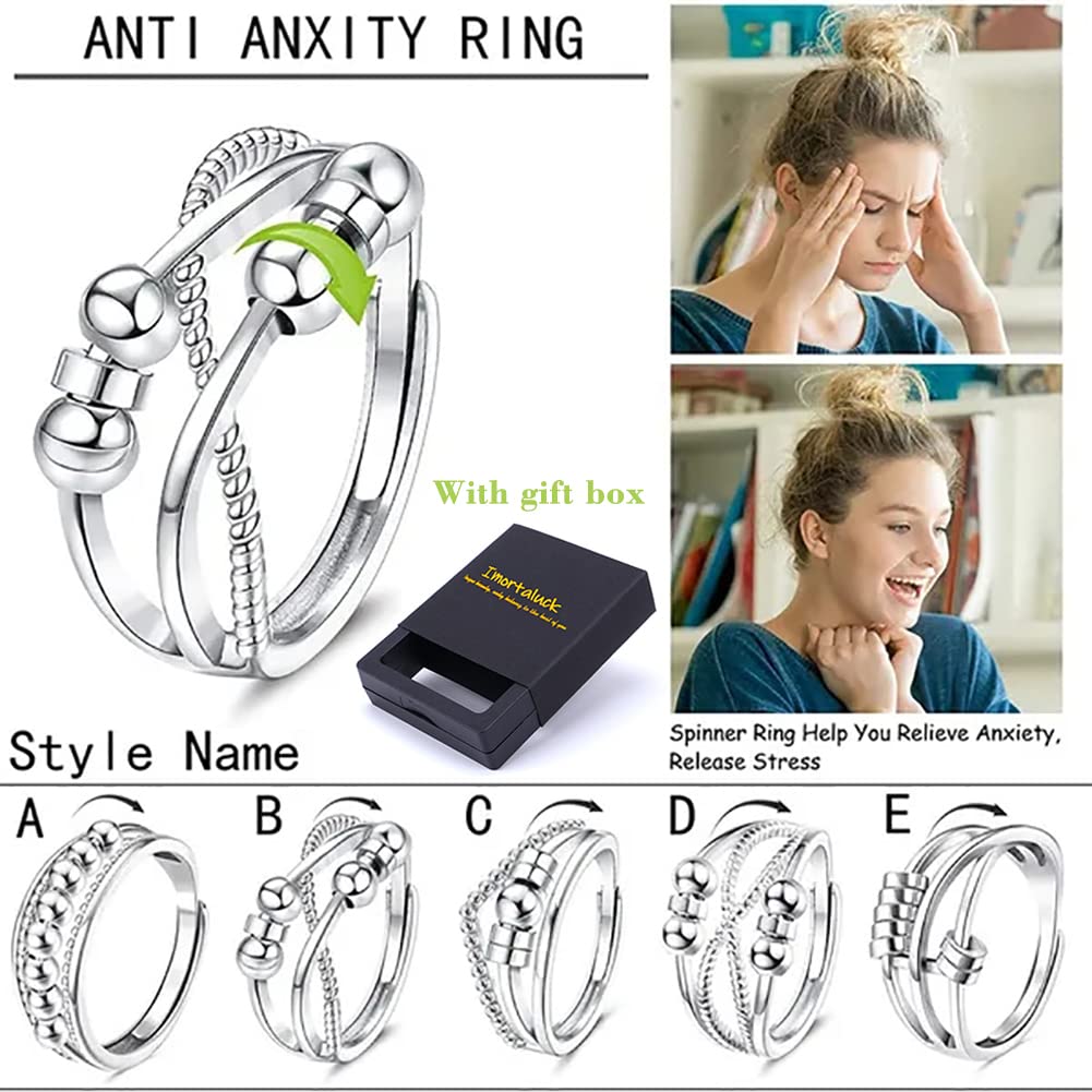 Imortaluck Anti Anxiety Ring for Women Men, Fidget Spinner Band Unisex Adjustable Stacking Spinning Ring Jewelry Gifts for Girls