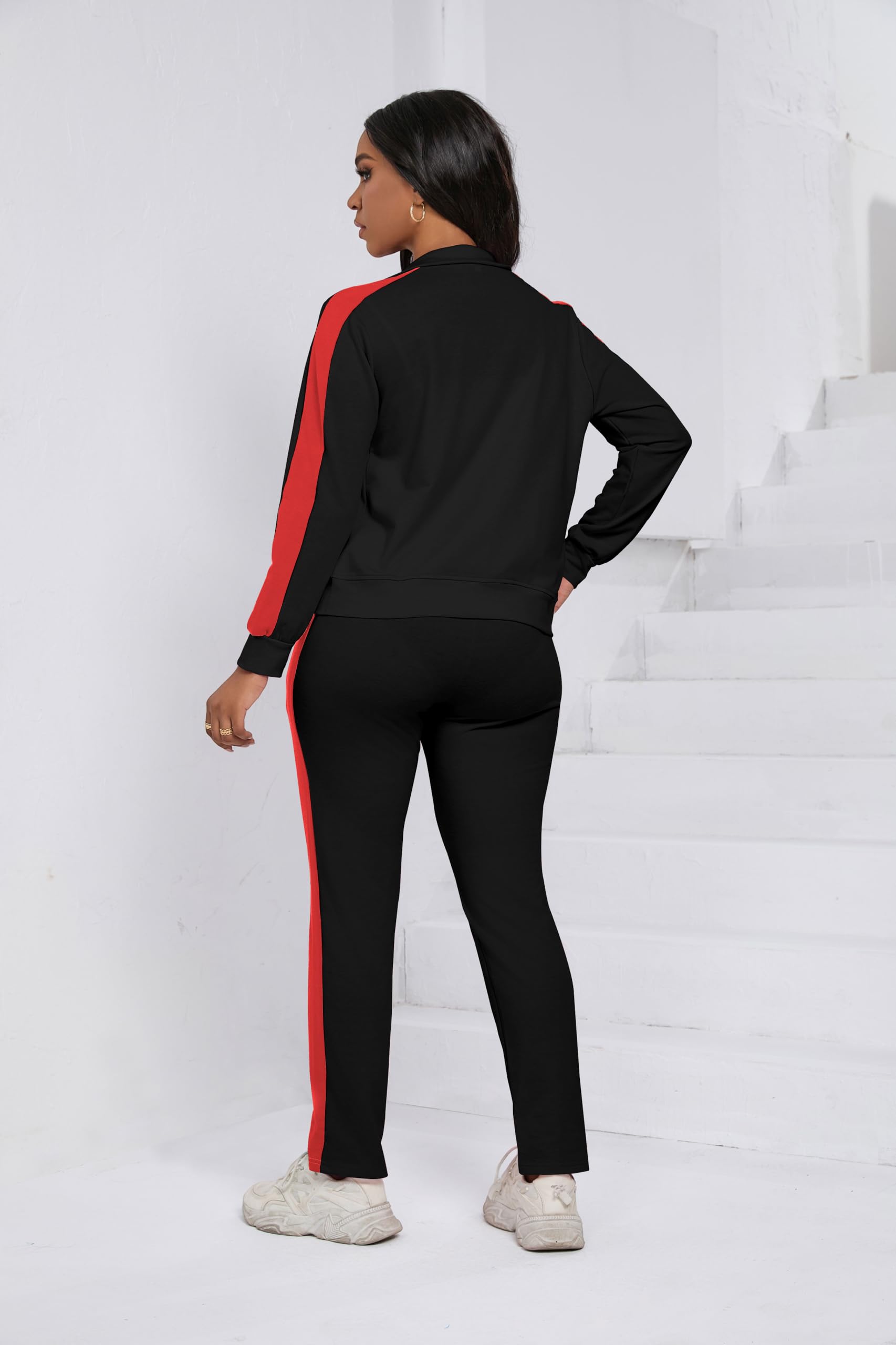 PINSV Womens Tracksuit Two Piece Outfits Long Sleeve Zip Up Jacket Jogger Casual Sweatsuit Matching Sets Track Suits Black Red XL