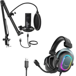 fifine studio condenser microphone usb pc headset kit, computer pc microphone headset bundle, recording microphone for voice-over, podcast, vocal, 7.1 surround sound rgb headset for laptop (t669+h6)