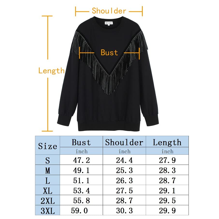 PESION Women's Novelty Oversized Sweatshirt Crewneck Long Sleeve Fringe Trim Shirt Pullover Tops Sweaters, Black, Small