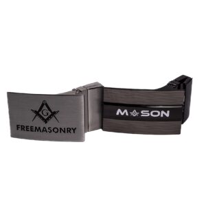 Masonic Men’s Belt - Leather Reversible Belt with Black & Tan Color Options - 2 Buckles for Every Occasion (Freemasonry Symbol & Mason Lettering) - Waist Size 42” & Under - Casual/Formal Men’s Belt