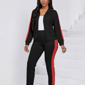 PINSV Womens Tracksuit Two Piece Outfits Long Sleeve Zip Up Jacket Jogger Casual Sweatsuit Matching Sets Track Suits Black Red XL