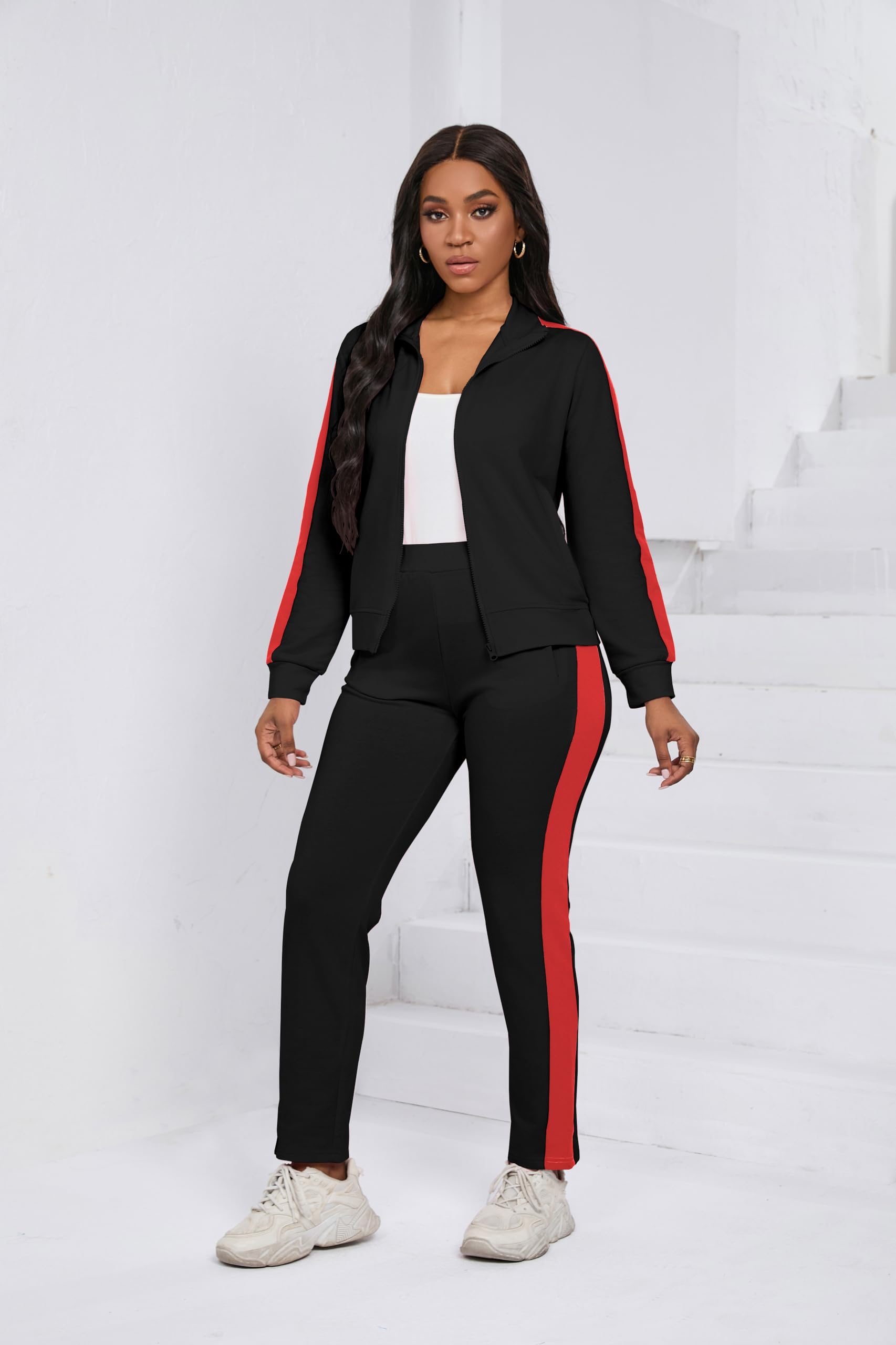 PINSV Womens Tracksuit Two Piece Outfits Long Sleeve Zip Up Jacket Jogger Casual Sweatsuit Matching Sets Track Suits Black Red XL