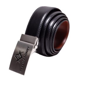 Masonic Men’s Belt - Leather Reversible Belt with Black & Tan Color Options - 2 Buckles for Every Occasion (Freemasonry Symbol & Mason Lettering) - Waist Size 42” & Under - Casual/Formal Men’s Belt