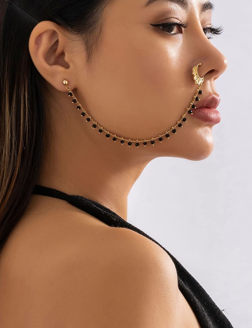 Kenjudess Vintage Black Beaded Tassel Nose Ring with Chain to Ear Stud Non-Pierced Septum Hoop Ring Indian Belly Dance Party Nose Accessories for Women and Girls (Black)