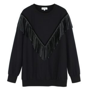 PESION Women's Novelty Oversized Sweatshirt Crewneck Long Sleeve Fringe Trim Shirt Pullover Tops Sweaters, Black, Small