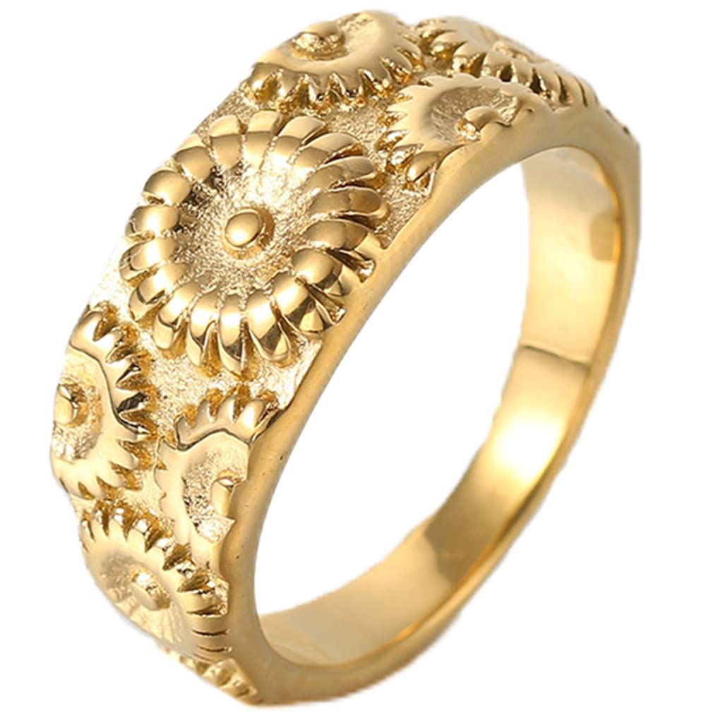 Jude Jewelers Stainless Steel Retro Vintage Sun Flower Floral Wedding Band Cocktail Party Holiday Ring (Gold, 11)