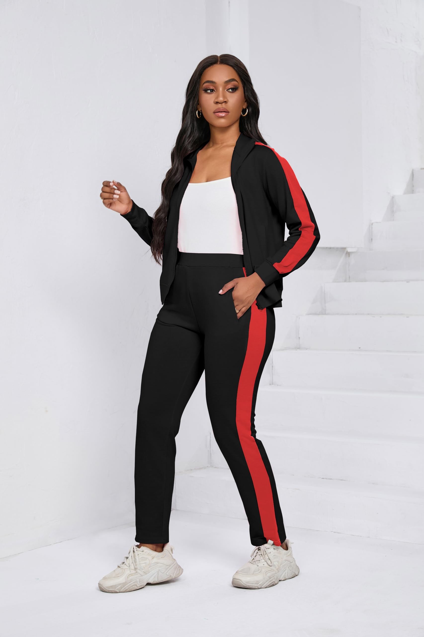 PINSV Womens Tracksuit Two Piece Outfits Long Sleeve Zip Up Jacket Jogger Casual Sweatsuit Matching Sets Track Suits Black Red XL