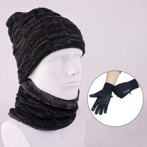 Mens 3 Pieces Winter Warm Beanie Hat Scarf and Touchscreen Gloves Set,Knit Cap Neck Warmer with Fleece Lined (Beanie+Scarf+Gloves(Black))