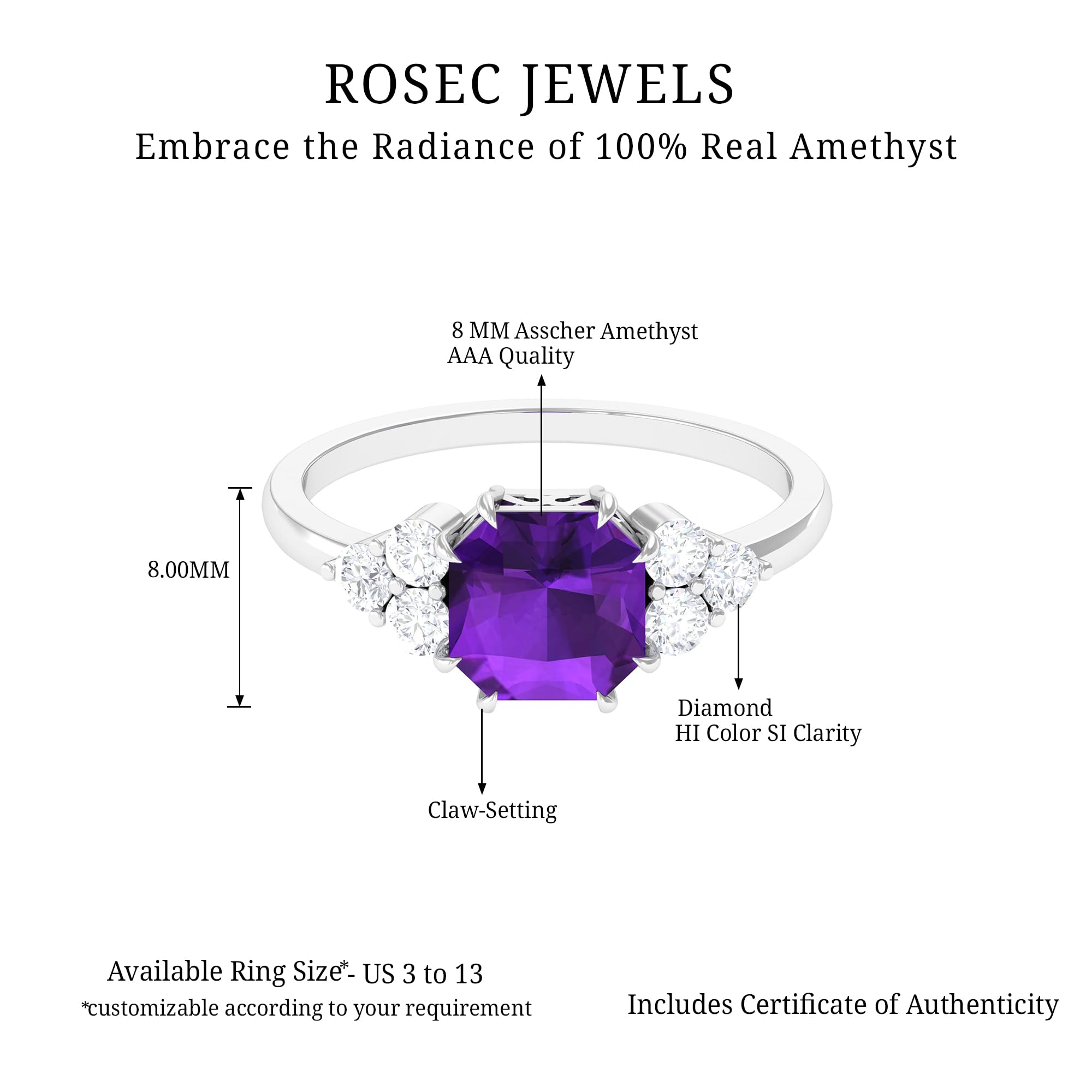 Rosec Jewels Certified Amethyst 8mm Asscher Cut Engagement Ring, AAA Quality, Natural Amethyst Diamond Ring - Ideal For Gift, 14K White Gold, Size:US 7.00