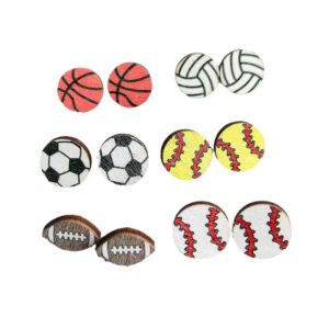 6 Pairs Sport Stud Earrings Cute Basketball Volleyball Baseball Football Rugby Lightweight Wooden Sport Earrings for Women Gift