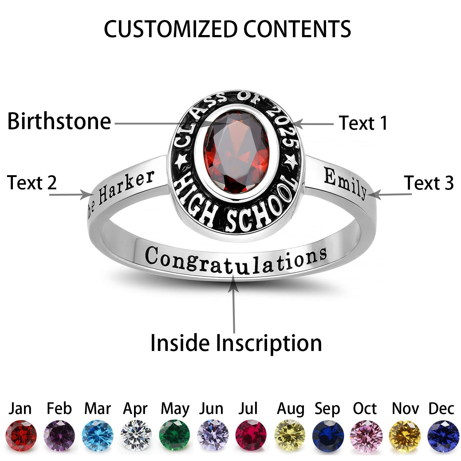 Ccjcinata 925 Sterling Silver Class Rings for Women High School Cubic Zirconia Birthstone Rings Personalized Custom Rings Women's Class Rings Size 5-15 Graduation Rings for Women