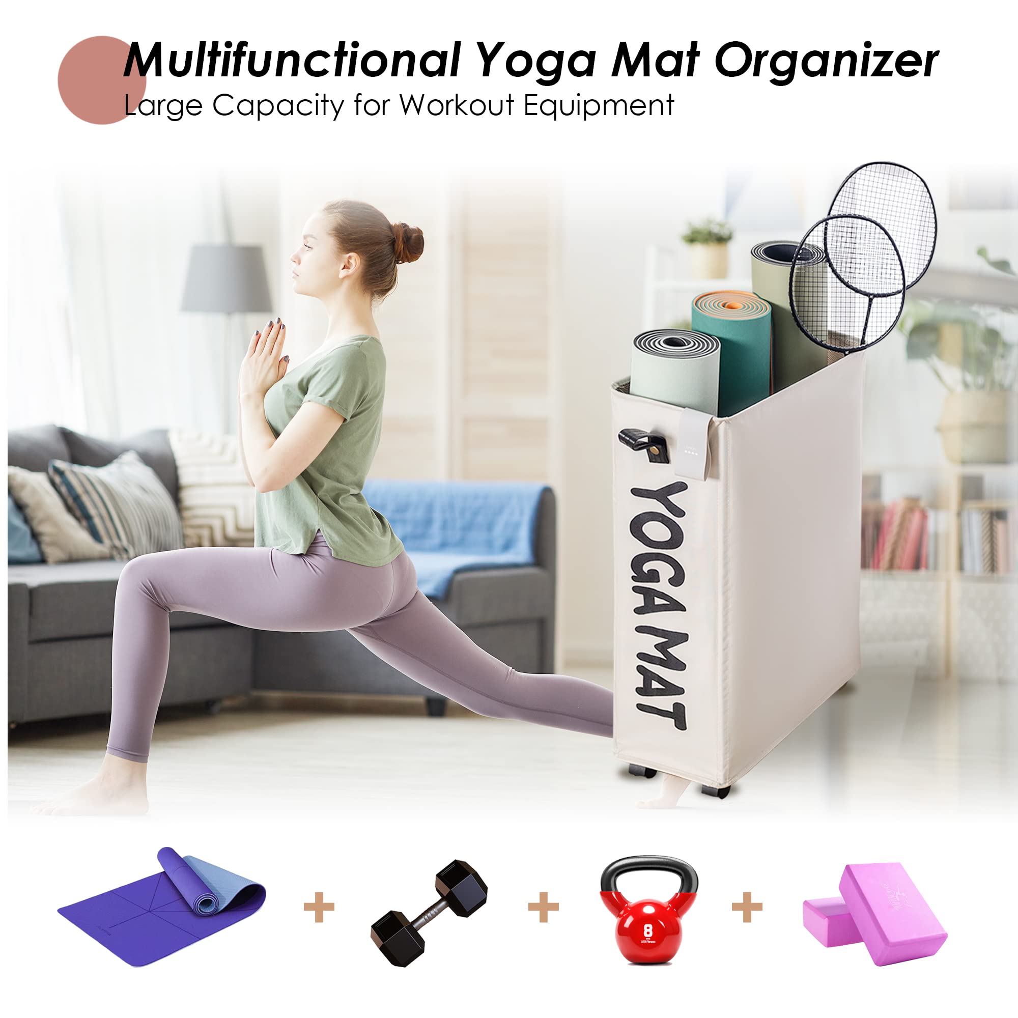 Caroeas Yoga Mat Storage Rack, 27 inches X-Large Yoga Mat Holder Accessories, Home Gym Equipment Storage Yoga Mats, Women Men Workout Equipment Organization with 4 Wheels, White