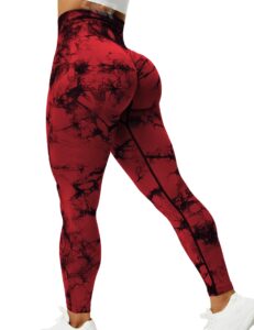 qoq womens tie dye high waisted workout leggings seamless scrunch booty butt lift yoga pants tummy control compression tights red m