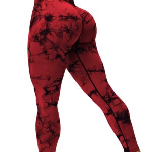 QOQ Womens Tie Dye High Waisted Workout Leggings Seamless Scrunch Booty Butt Lift Yoga Pants Tummy Control Compression Tights Red M