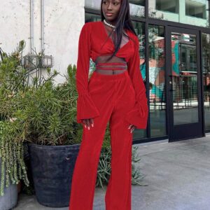 Women Boho 2 Piece Casual Outfit Long Sleeve Tie Front Cardigans Wide Leg Pants Tracksuit Set Red