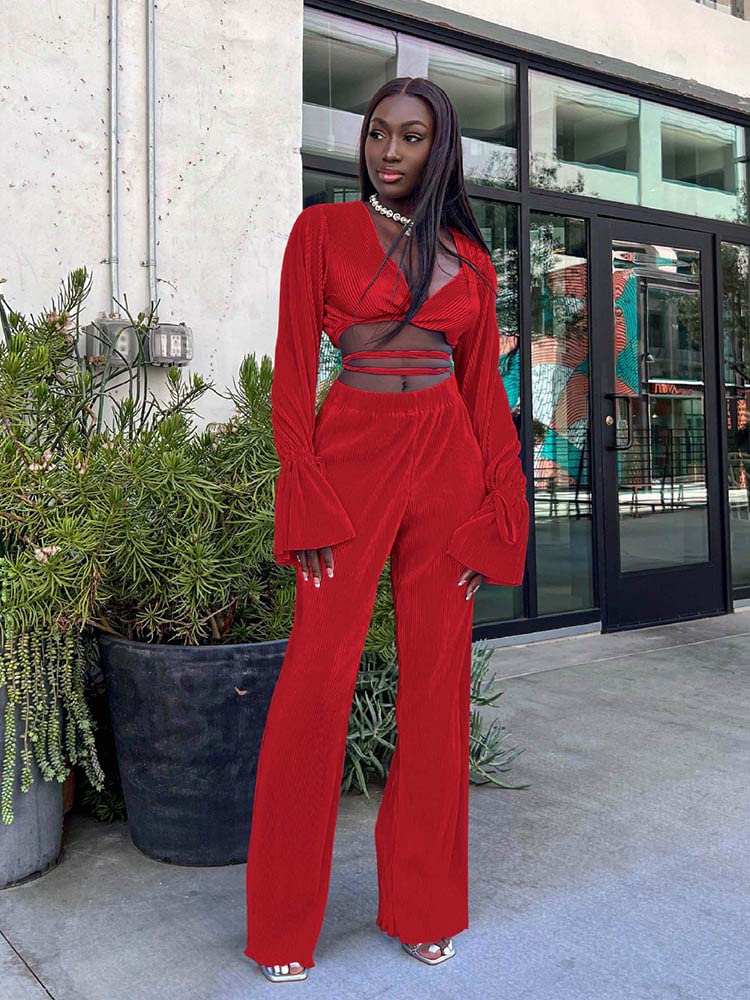 Women Boho 2 Piece Casual Outfit Long Sleeve Tie Front Cardigans Wide Leg Pants Tracksuit Set Red