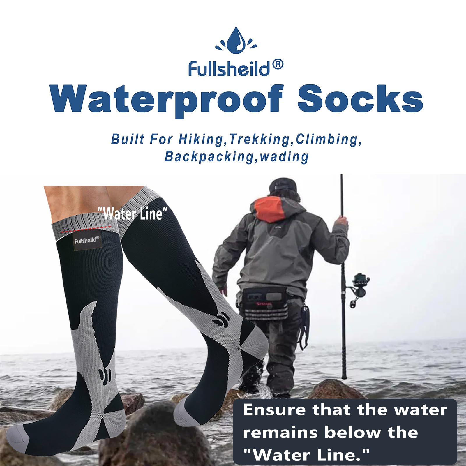 Fullsheild Mens Waterproof Hiking Socks, Unisex Waterproof Breathable Outdoor Athletic Hiking Wading Trail Running Skiing Knee Length Sock S